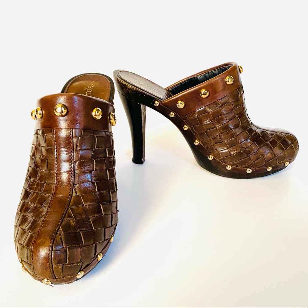 HOLLYWOULD Brown Leather Woven Mules